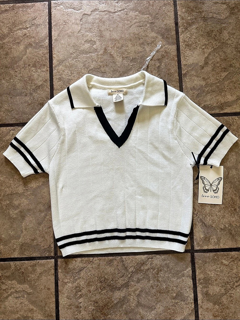 Short Sleeve Polo Top in White & Black Size Medium NWT